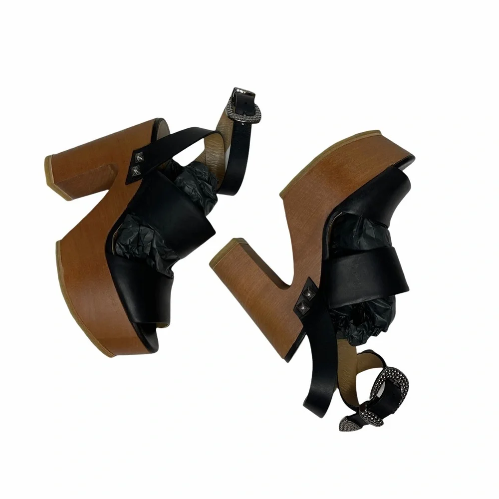 NEW Sonia Rykiel Black Leather/Wood Platforms 38